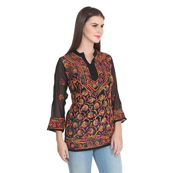 Lakhnawi Chikankari Georgette Short length Kurta Kurti with fine multicolor Hand Embroidery all over on front