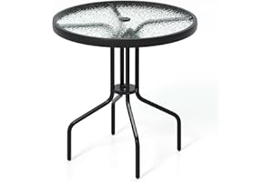 Tangkula 27.5 Inches Patio Round Glass Dining Table with 1.57" Umbrella Hole, Heavy-Duty Metal Frame, Outdoor Side Table for Garden, Backyard, Poolside, Porch
