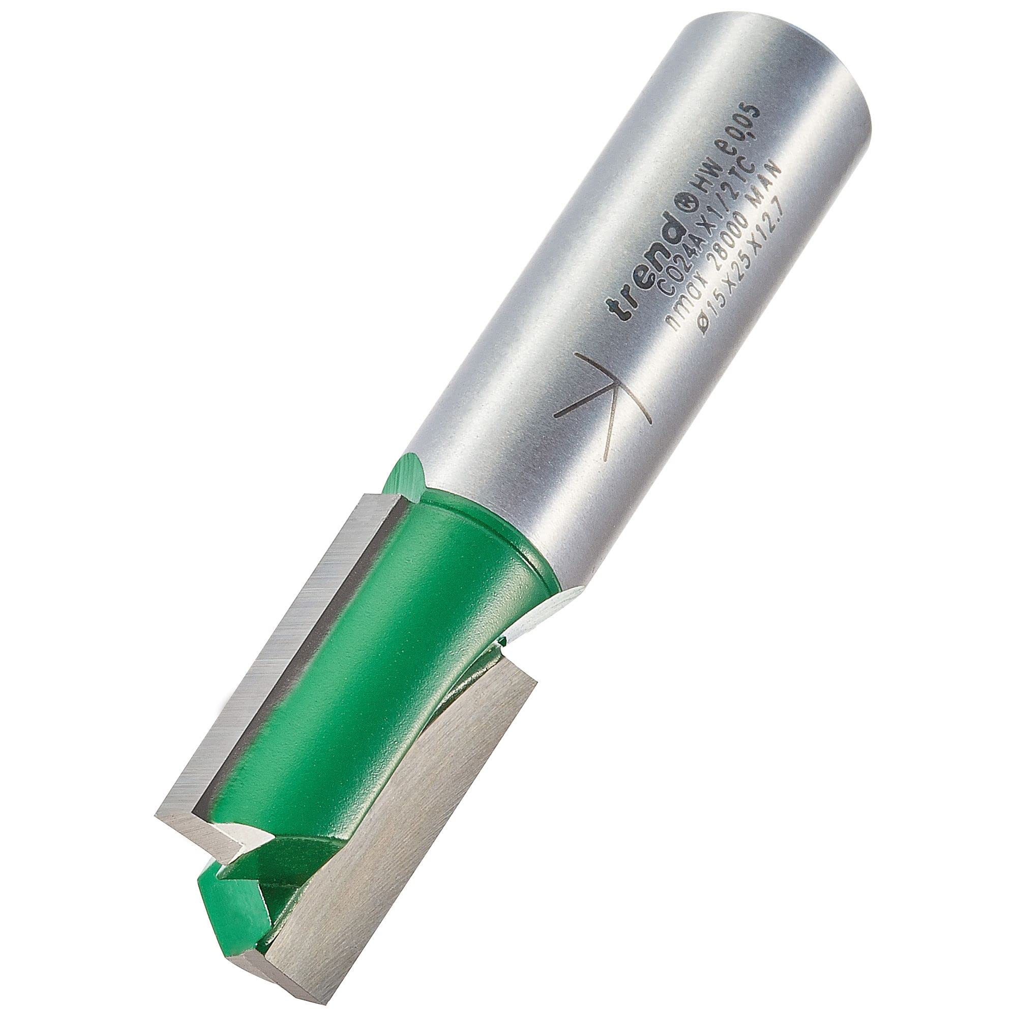 Trend CraftPro Straight Two Flute Router Cutter Bit, 1/2 Inch Shank, 15mm Cut Diameter & 25mm Cut Length, Tungsten Carbide Tipped, C024AX1/2TC