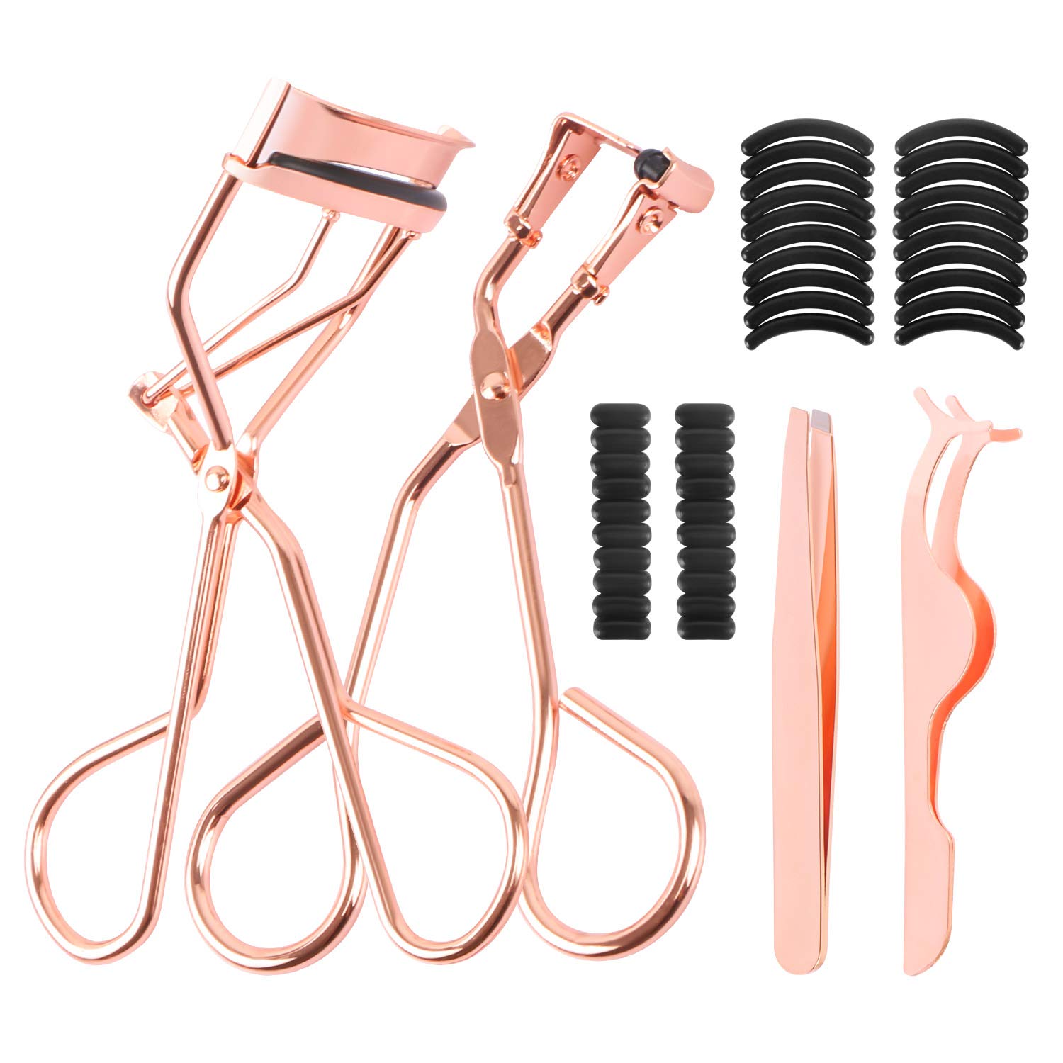 Eyelash Makeup Tools Set - Include 4 Pieces Eyelash Curler & Mini Eyelash Curler & False Eyelashes Extension Tweezers and 40 Pieces Black Silicone Refill Pads with Clear OPP - Rose Gold