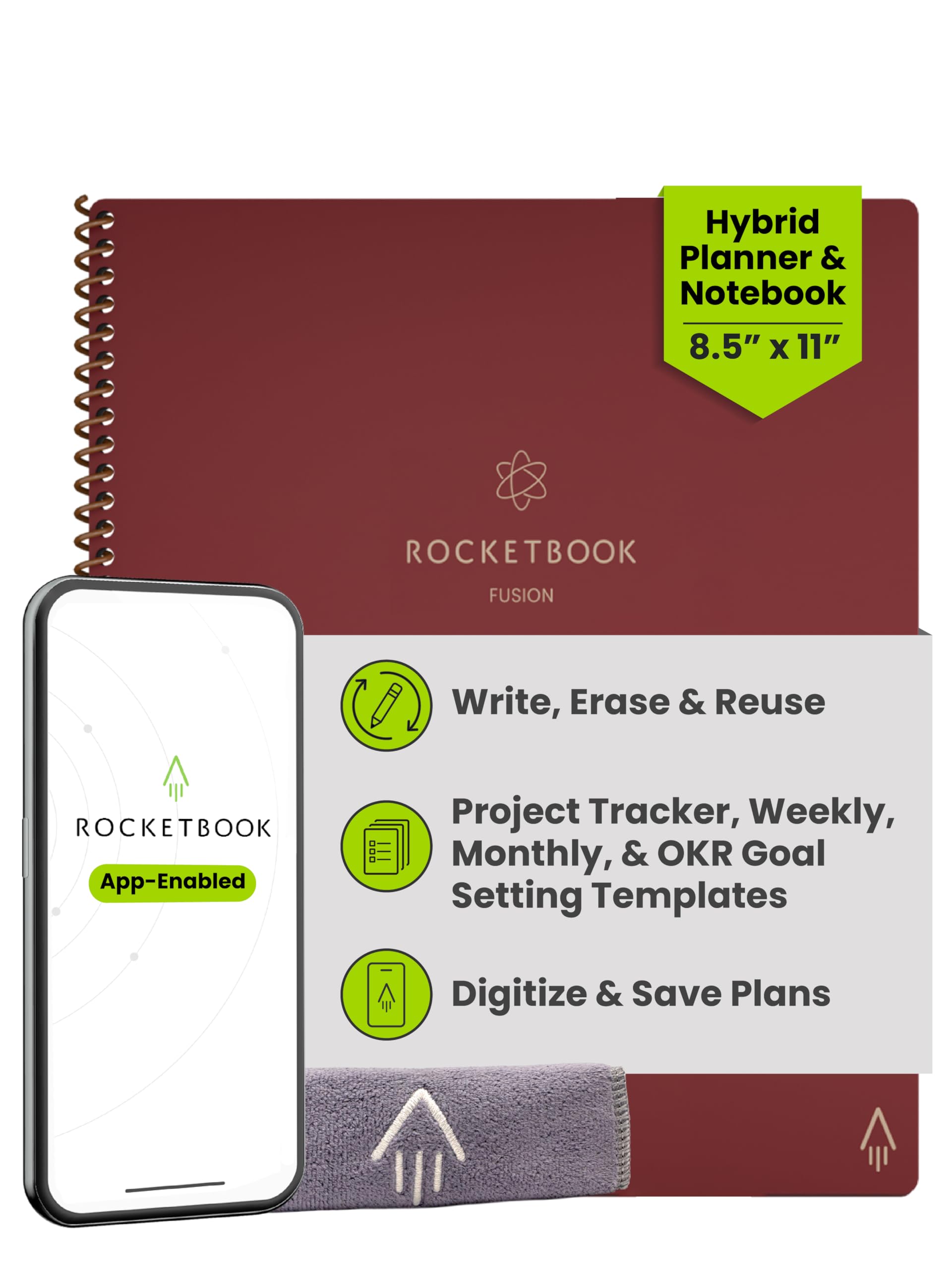 Rocketbook Fusion Planificador de productividad reutilizable sin fecha, tamaño carta 8,5 x 11, granate, objetivos, calendario mensual y semanal, lista de tareas diarias, páginas de notas rayadas y punteadas