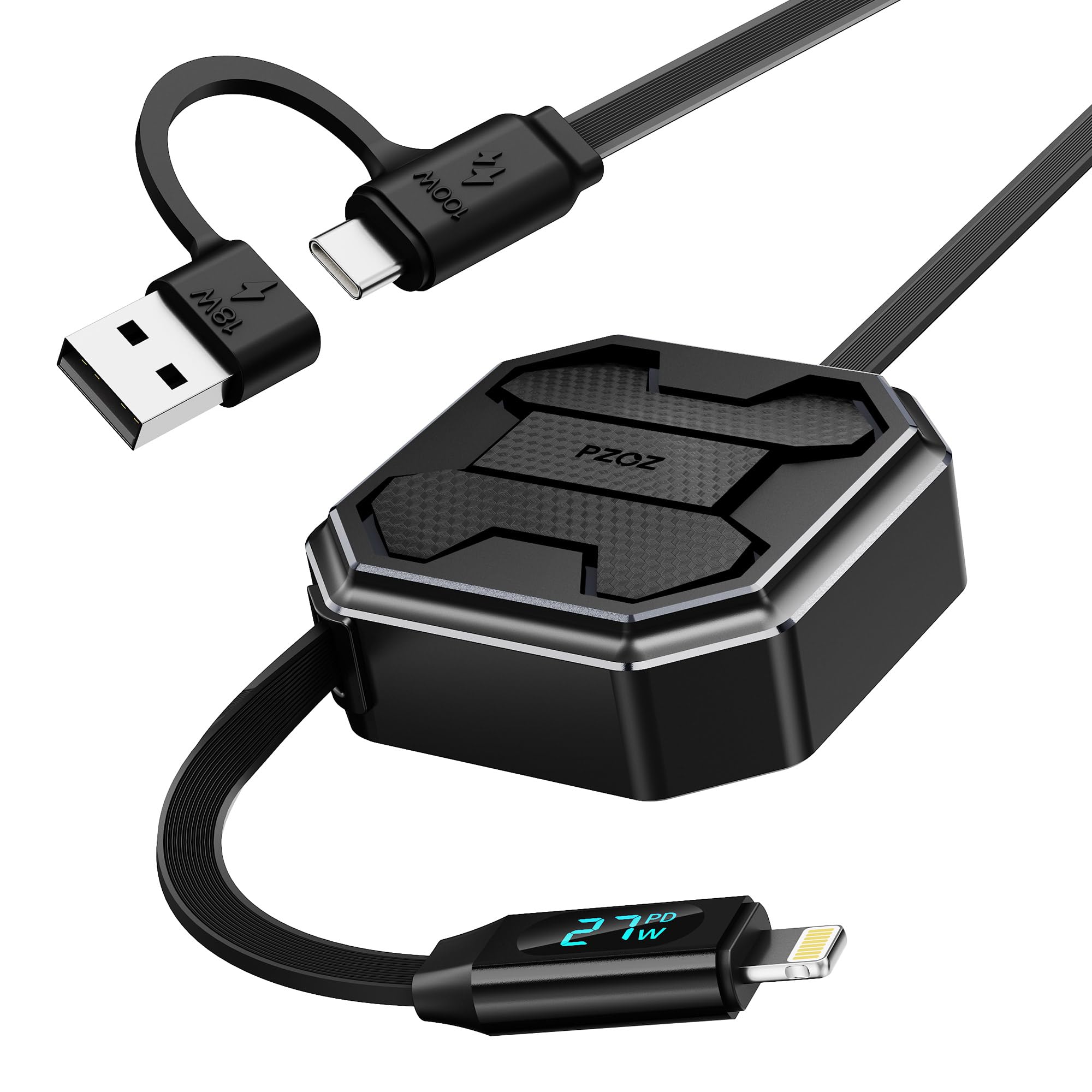 Photo 1 of pzoz 30W Retractable 2-in-1 Charging Cable with LED Display, Multi USB C & USB A to Lightning for iPhone 14 13 Pro Max iPad mini for Car CarPlay Desktop Management Organizer