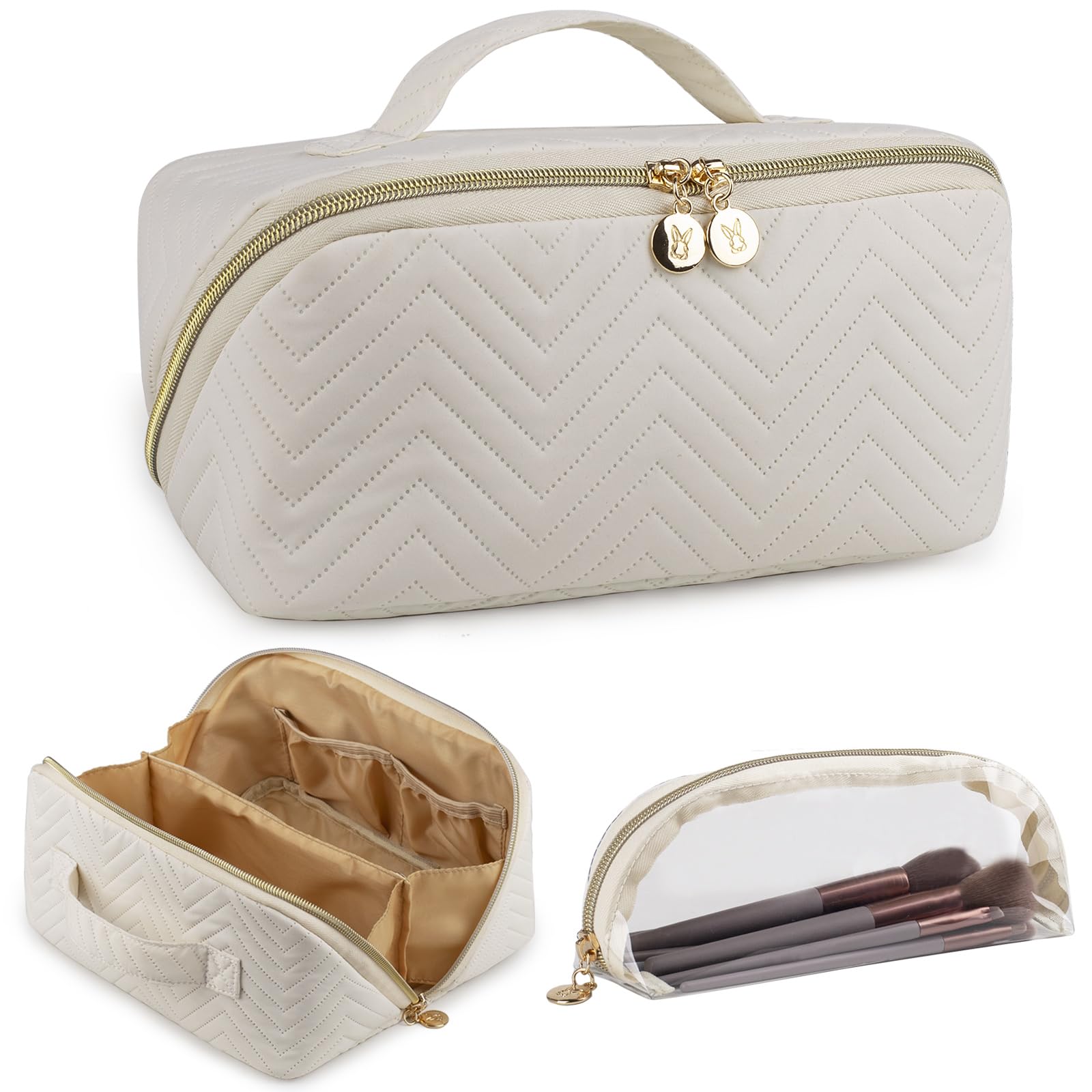 Photo 1 of Bunnychill Makeup Bag Cosmetic Bag, Large Capacity Travel Makeup Bag for Women with Portable Pouch Open Flat Water-resistant Toiletry Organizer Bag with Handle (Beige with Brush Holder)