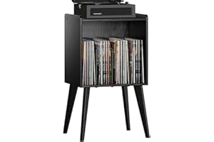 Gannyfer Record Player Stand – Minimalist Vinyl Record Storage Holds Up to 160 Albums, Mid-Century Record Holder Display Shelf with Wood Legs, Turntable Cabinet for Living Room, Bedroom (Black)