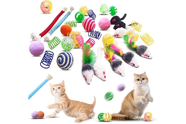 YULOYI Cat Toys for Indoor Cats, 34 Packs Interactive Cat Toys Set with Colorful Springs, Mouse Toy, Catnip Ropes, Balls, Bel