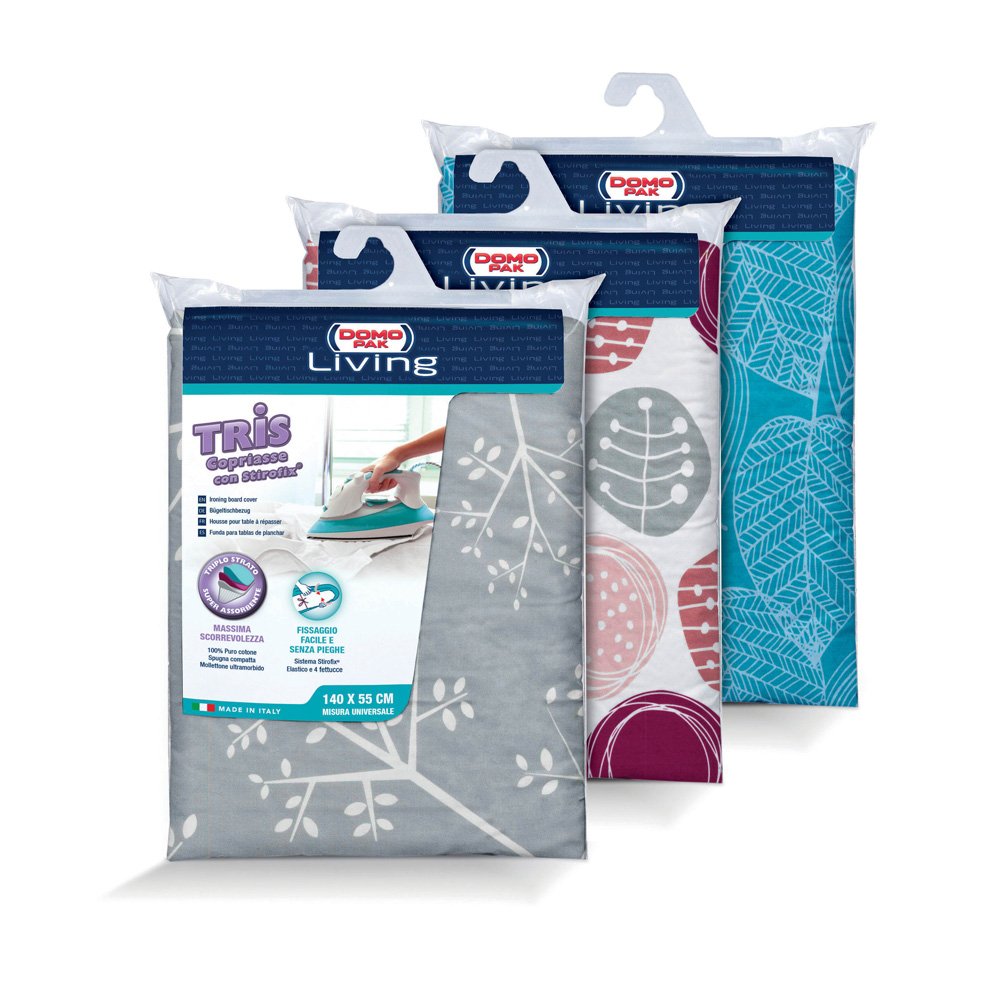 Domopak Living 8001410075239 Tris Ironing Board Cover with stirofix, Cotton, multicoloured, 140 x 55 x 0.5 cm, Assorted colors