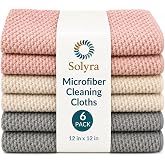 Solyra Non-Toxic Microfiber Kitchen Cleaning Cloths, 6 Pack, 12 x 12 in | OEKO-TEX Certified, Safe for Family &amp; Pets, Lint-Free Kitchen Dish Cloths for Counters, Bath, Car &amp; Glass