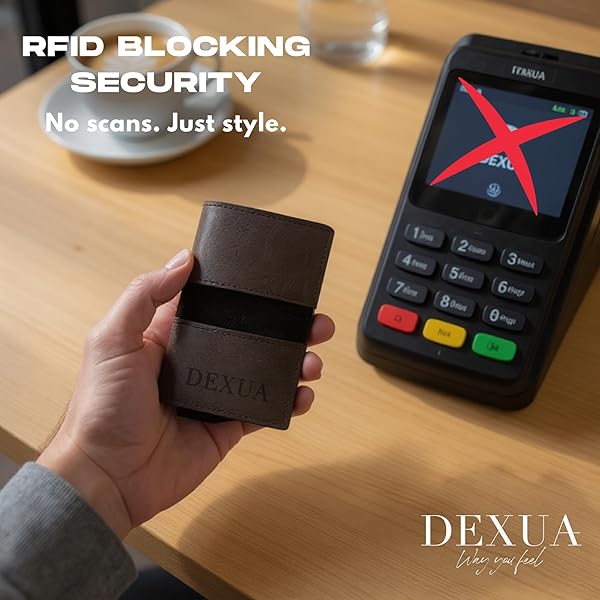 DEXUA MENS WALLET, GENIUNE LEATHER SLIM WALLET, RFID BLOCKING POP-UP CARD HOLDER, TOTAL 9 CARDS CAPACITY, CASH SLOT, MAGNETIC CLOSURE, GIFT READY