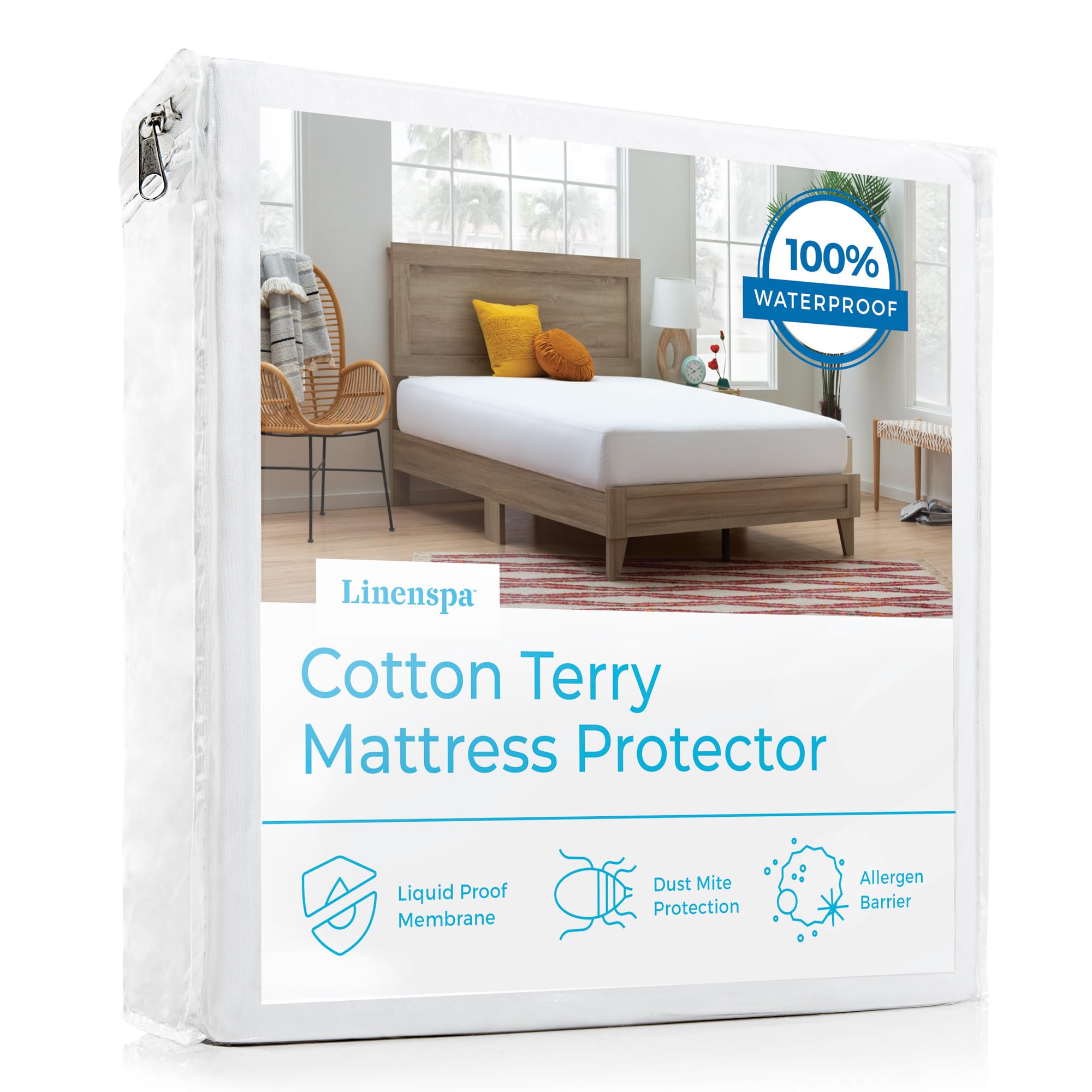 Photo 1 of Linenspa Cotton Terry Waterproof Mattress Protector - Top Protection Mattress Cover - Dorm Room Essentials - Twin XL, White