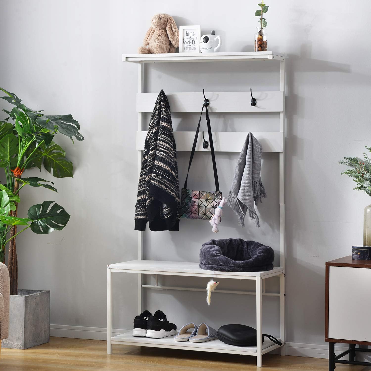 Muebles Zapatero con Ganchos Extraíblesy Banco con Blanco Altura 150 cm