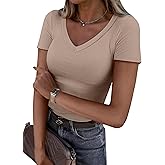 ANRABESS Women Short Sleeve V Neck Ribbed Knit Fitted Shirts Basic Tees Tops 2026 Summer Casual T-Shirts Going Out Outfits