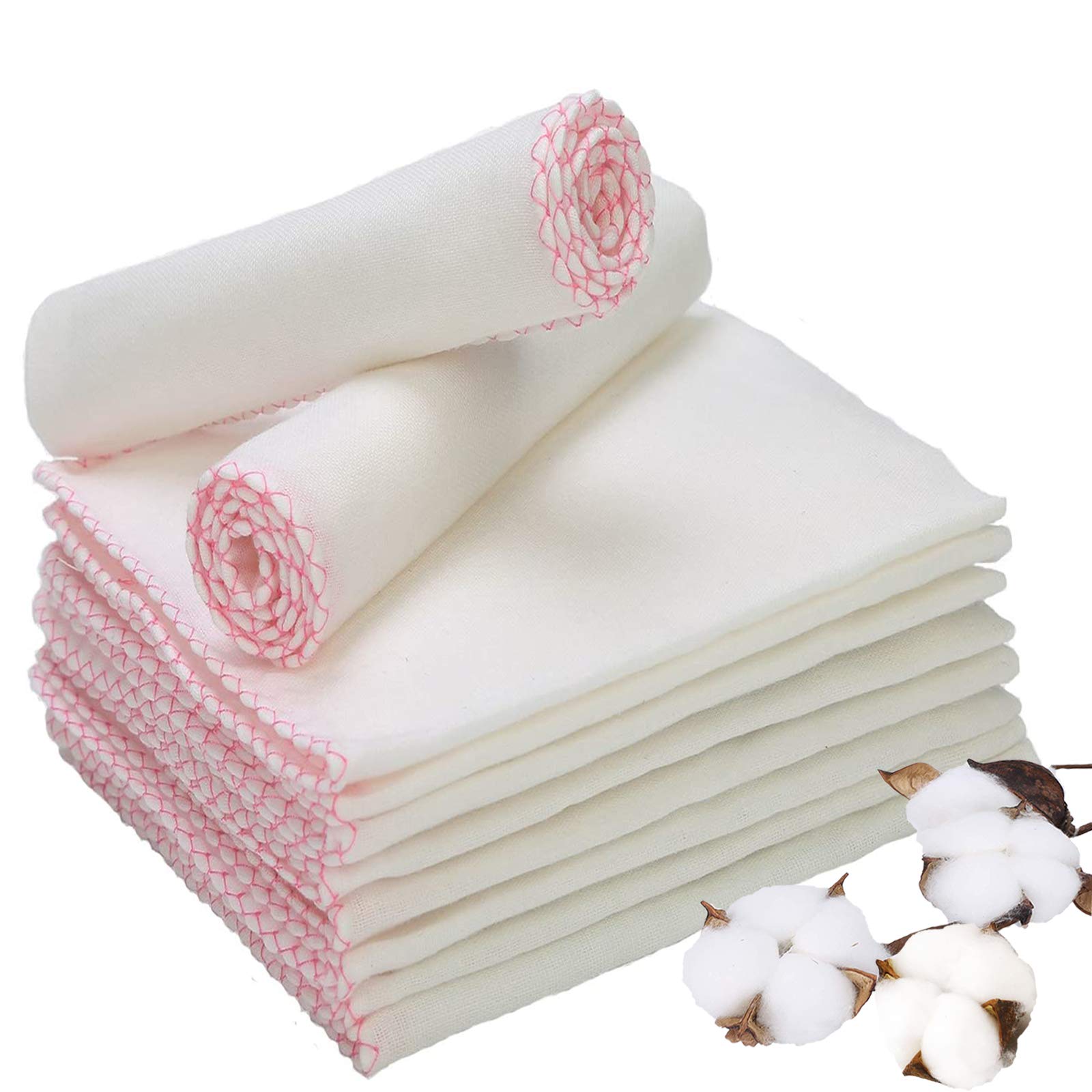 Panlom Pure Cotton Soft Muslin Face Cloths Face Cleansing Cloths Makeup Remover Polish Facial Cloths (Pink 10 Pack)