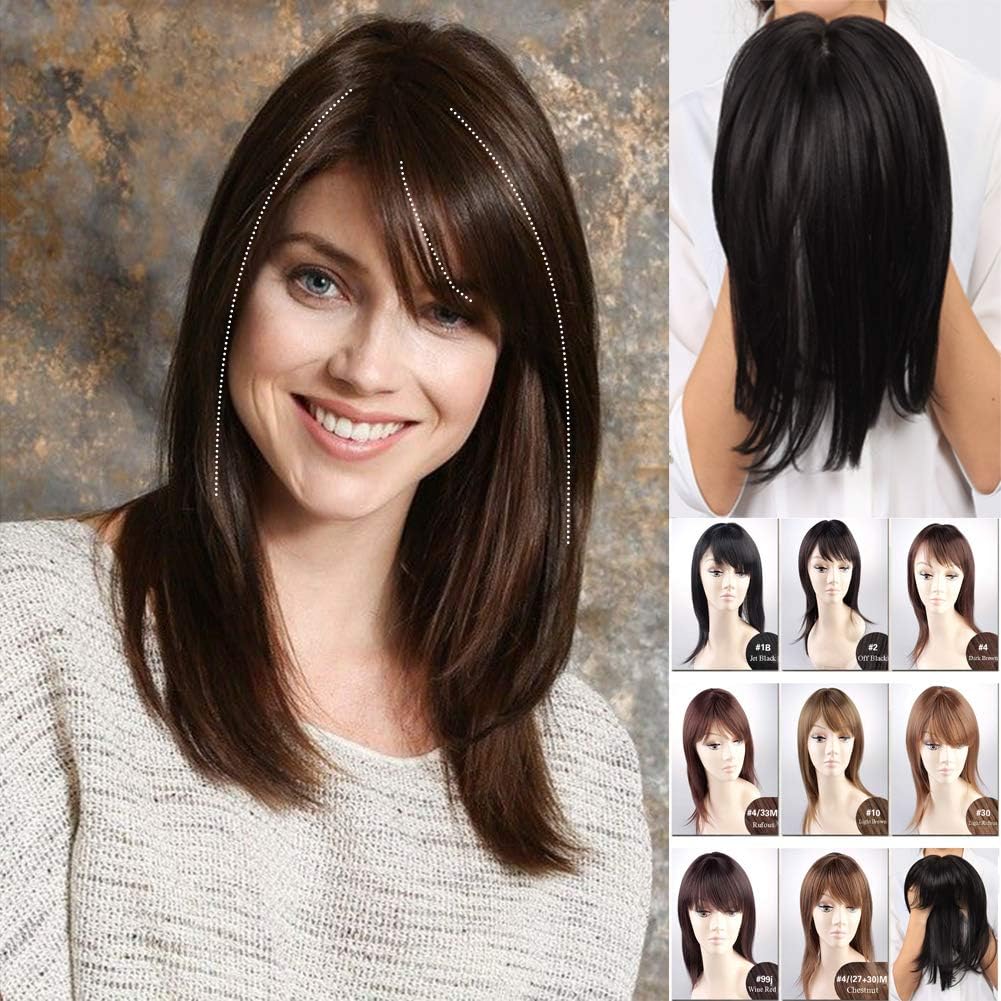 Side-Part Straight Topper Clip in Forehead Hairpiece with Bangs for Women with Thin Hair 4# Dark Brown, 12 inch (Pack of 1)
