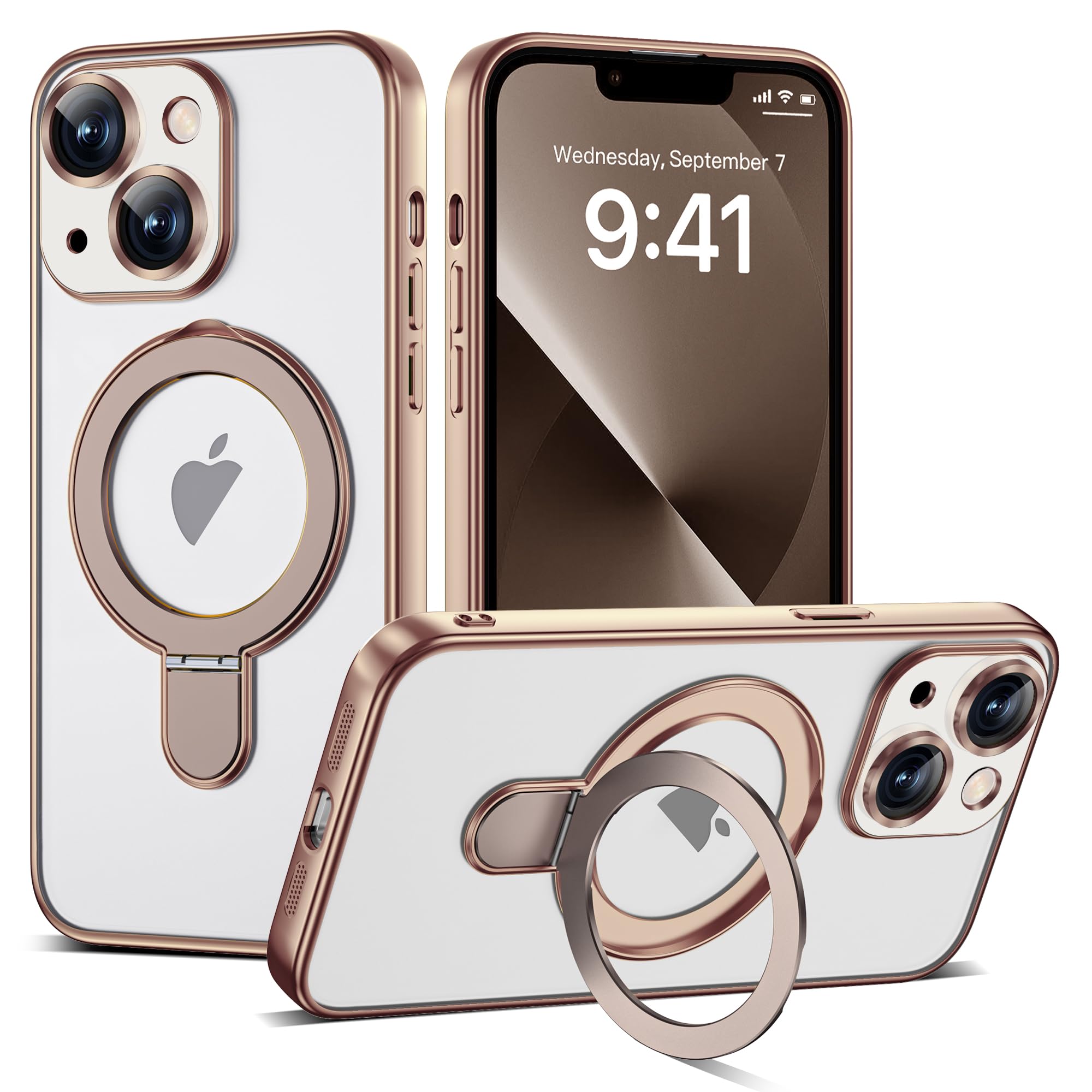 Photo 1 of ETPESOK Compatible with iPhone 13 Case with Magnetic Ring Stand [Compatible with Mag-Safe] [Full Camera Lens Protector] Soft Plating Clear Phone Case for iPhone 13 6.1", Desert Gold
