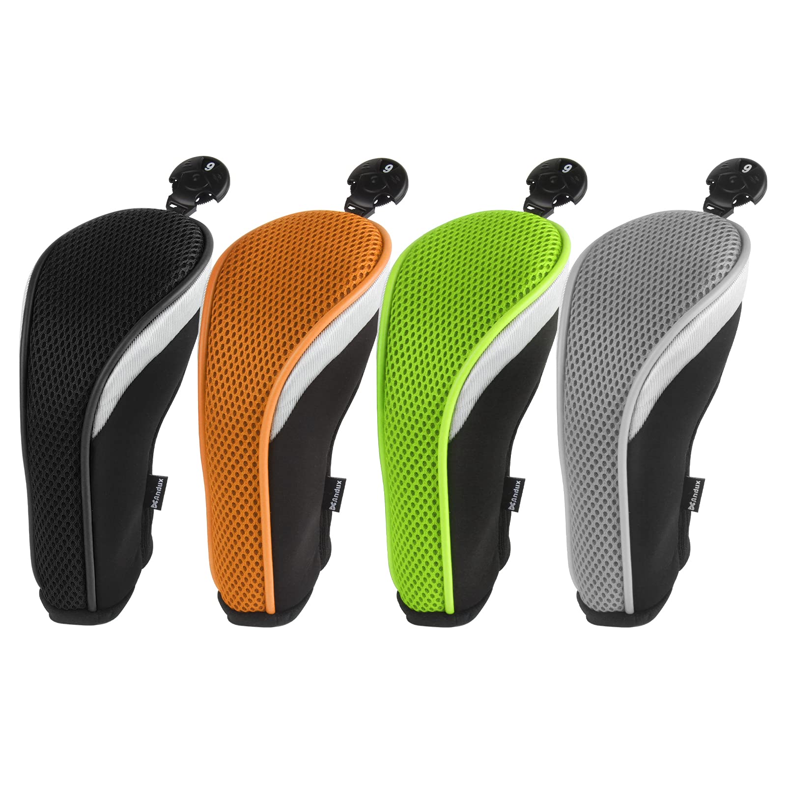 Andux Mesh Golf Hybrid Club Head Covers Short Neck with Dial No. Tags 4Pcs Black+Orange+Green+Grey