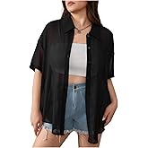 OYOANGLE Women's Plus Size Button Down Sheer Blouse Short Sleeve See Through Collar Mesh Shirts