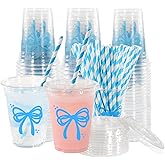 DEPOVTE 50 Pcs 12oz Blue Bow Cups Disposable Cute Plastic Cups with Lids nd Straws for Blue Bow Party Birthday Decorations (Blue, 12, ounces)