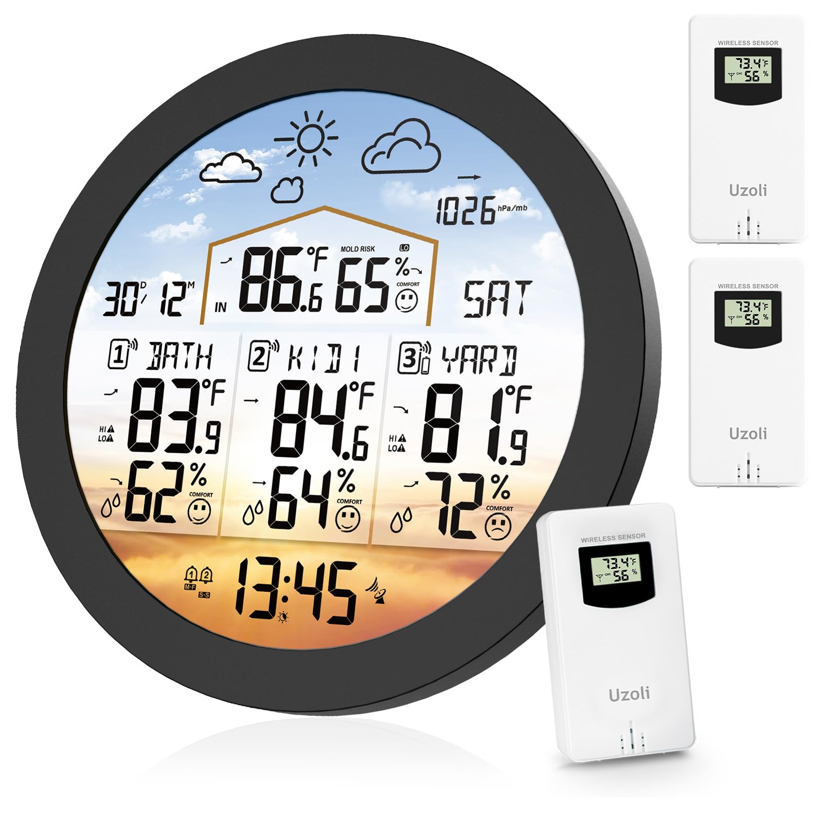 Photo 1 of Uzoli EM3567 6.7" Round Wireless Weather Station with 3 Sensors Color Display Home Weather Stations Indoor Outdoor Thermometer with Atomic Clock Temperature Humidity Weather Forecast (Black1)