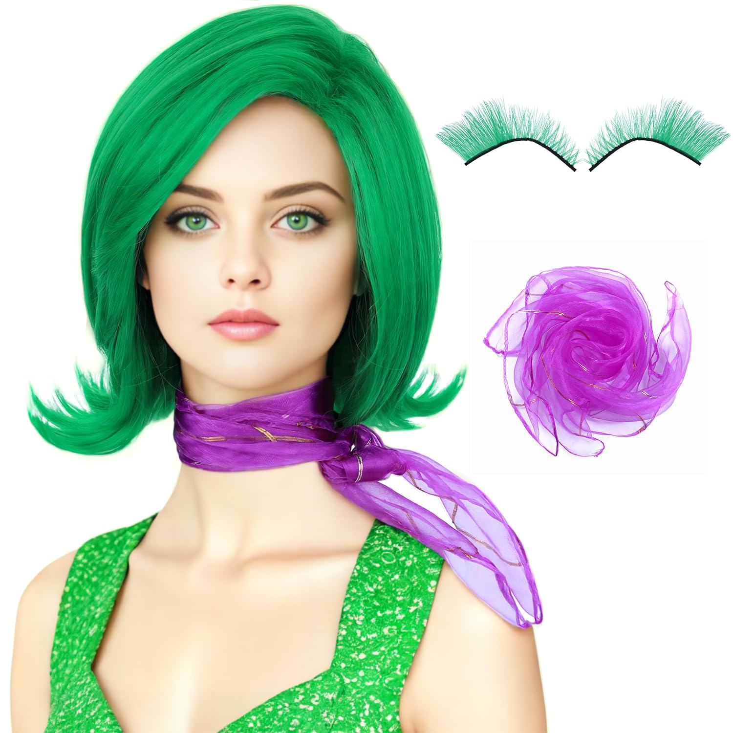 Photo 1 of *** NO LASHES***  morvally Women Green Costume Wig with Scarf and False Eyelashes Short Green Cosplay Wigs for Adults Halloween Costume Anime Cosplay (Adults)