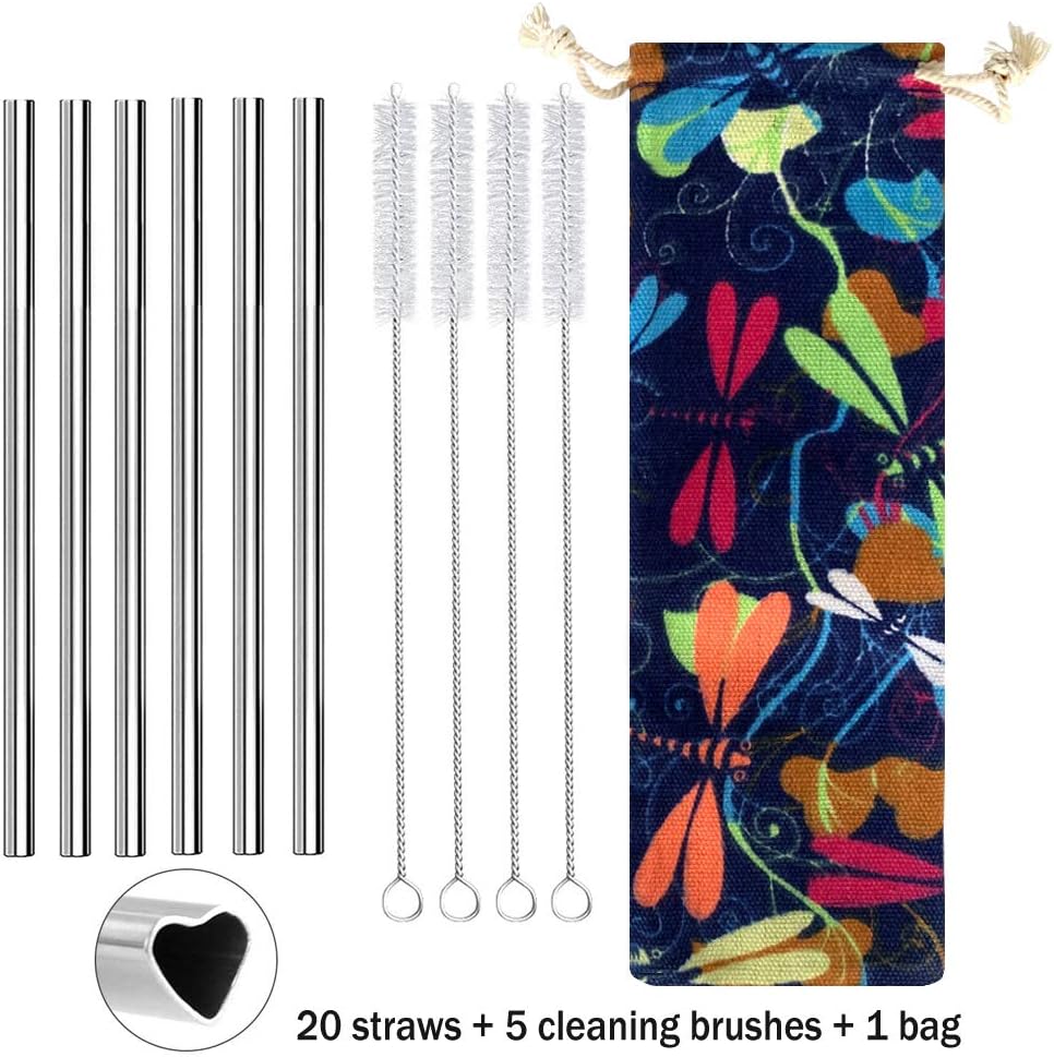Stainless Steel Reusable Straws, Heart-Shaped Eco-friendly Metal Straw,5 Cleaning Brush,8.5 inch 20 Sticks Metal Drinking Straws for Smoothie,Milkshake,Cocktail and Hot Drinks with cutlery storage bag