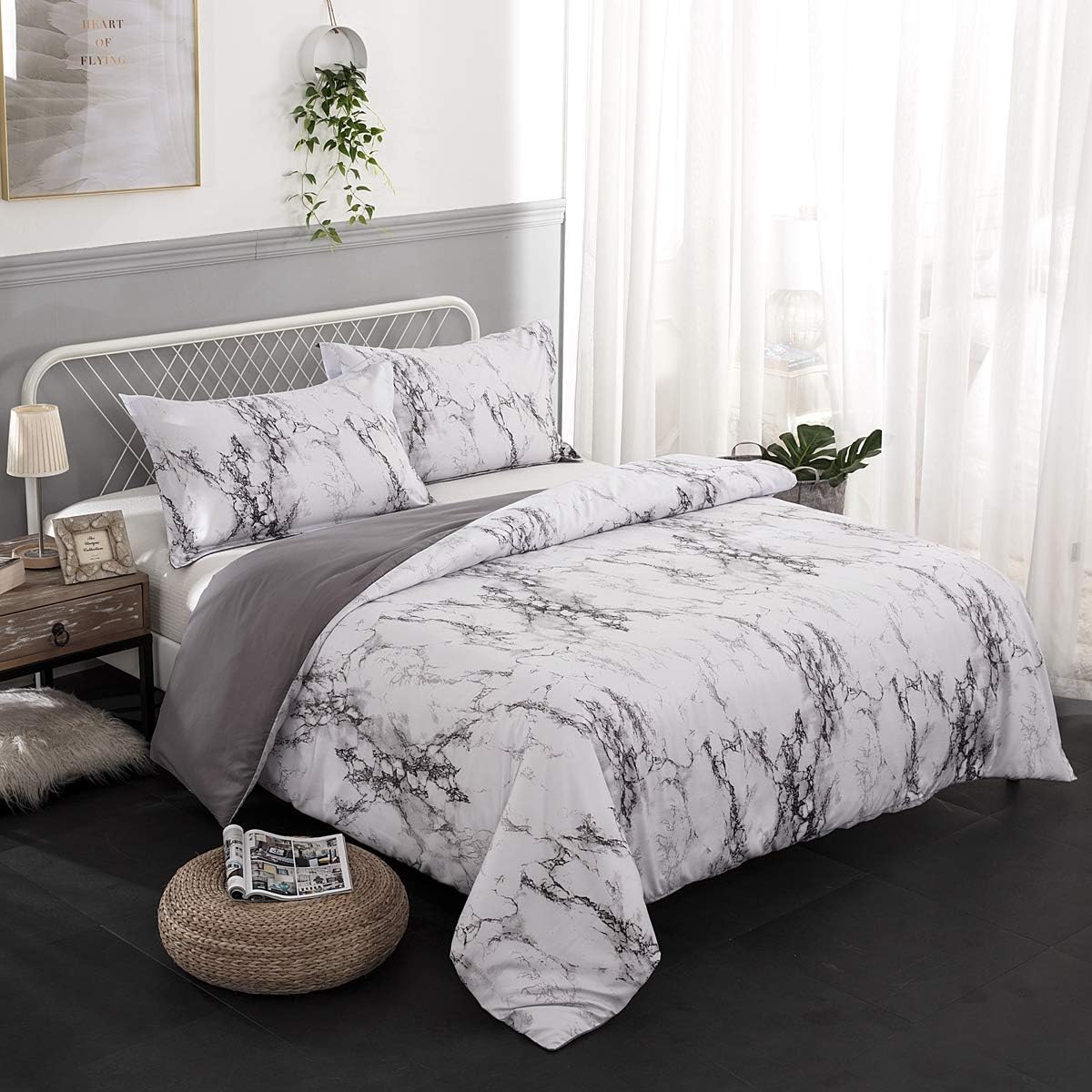 Marble Comforter Set Queen White Gray Marble Printed Bedding Solid Comforter Set for All Seasons, 3 Pieces(1 Comforter+2 Pillowcases),Soft Microfiber Inner Down Comforter Duvet Set 90"x 90": Home & Kitchen