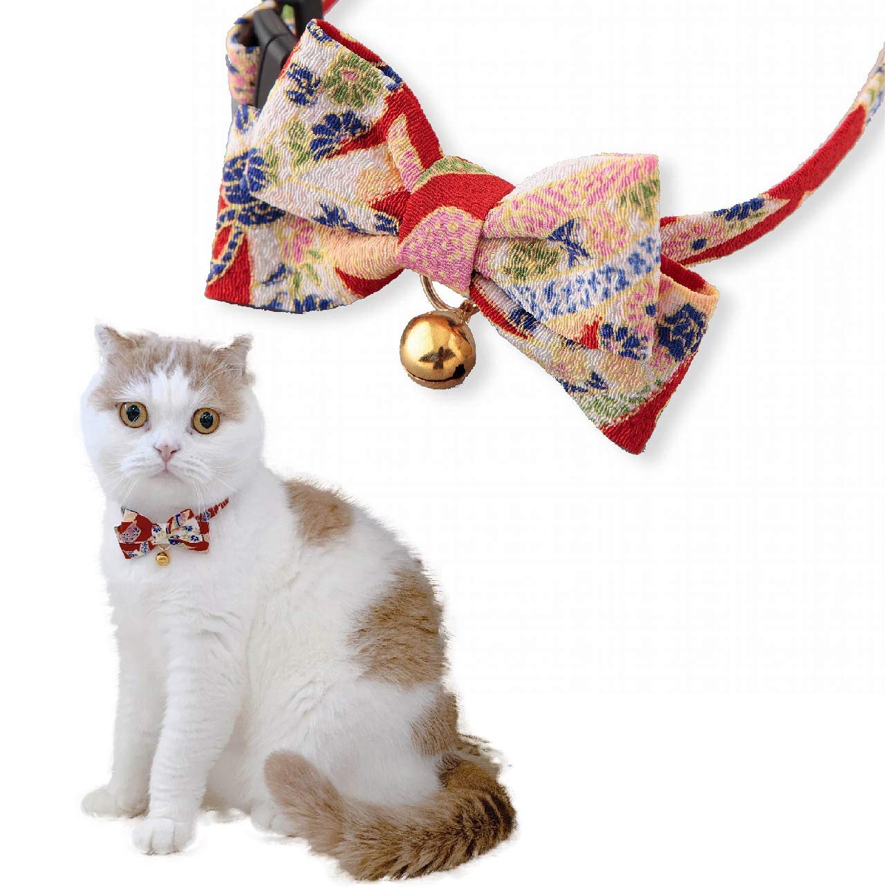 Necoichi Chirimen Kimono Bow Tie Cat Collar (Red) with Bell Safety Breakaway Soft Lightweight for Cats Kitty Kitten Japanese Stylish Pattern, No.1 Seller in Japan