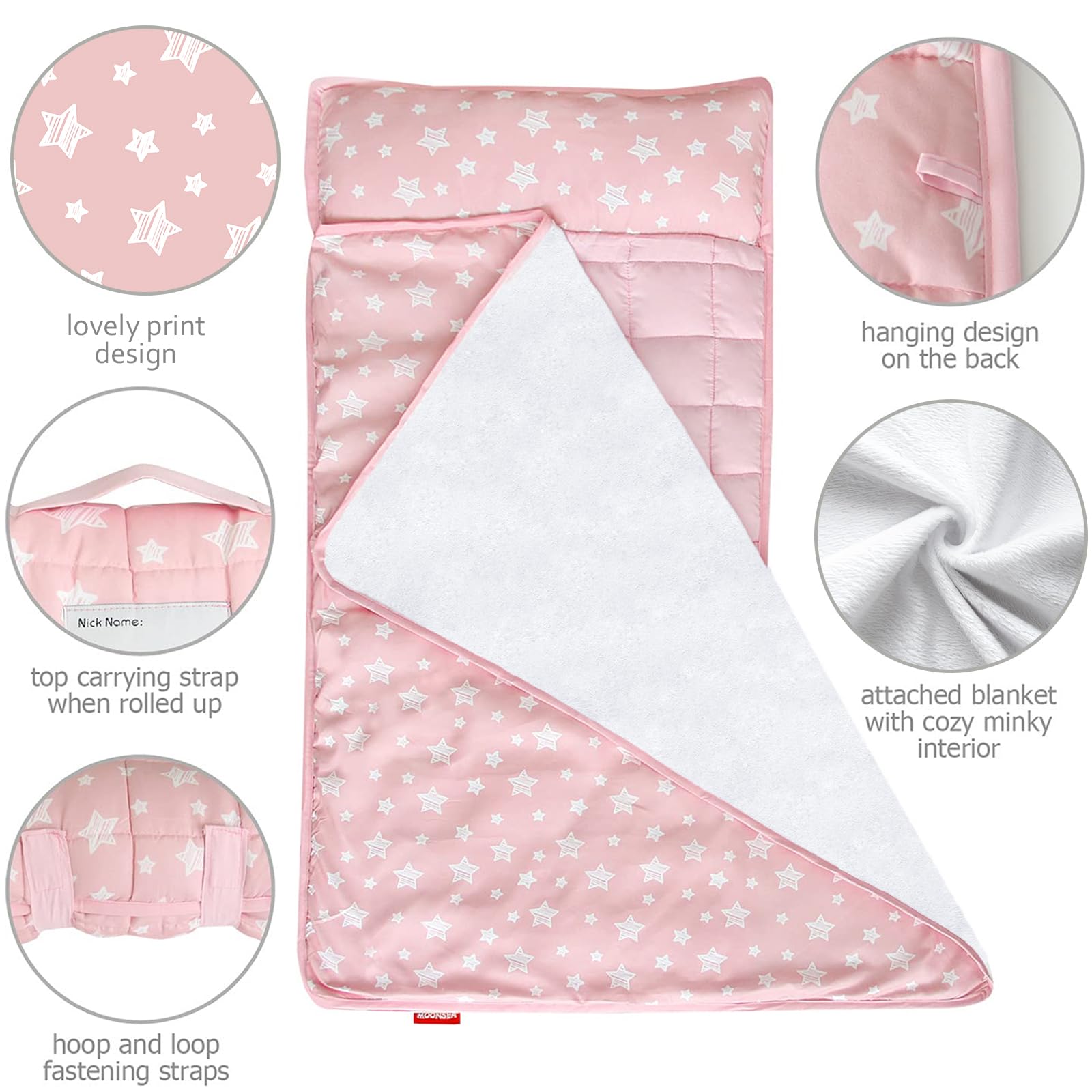 Moonsea Toddler Nap Mat Pink and Fleece Minky Blanket, Lightweight and Soft Perfect for Kids Preschool, Daycare, Travel Sleeping Bag for Girls, 21