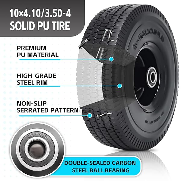 SIMEIQI 2PACK 10 X 4.10/3.50-4″ SOLID PU RUN-FLAT TIRE WHEEL WITH 5/8″AXLE BORE HOLE 2.24″ OFFSET HUB DOUBLE-SEALED BALL BEARINGS FOR WAGONS WHEELBARROWS HAND TRUCKS
