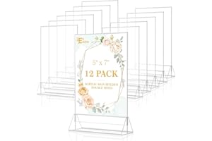 EHWINE 12 Pack Acrylic Sign Holder 5 x 7, Double Sided Clear Picture Frame Stand up Table Top Sign Holders, Clear Display Stand Menu Flyer Holder for Wedding Party (Provide Non-slip Mats)