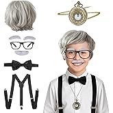 TaikaoQi Old Man Costume for Kids 100 Day of School Costume for Boys – Grandpa Cosplay Accessories with Wig, Watch, Glasses, Bow Tie, Suspenders, Eyebrows & Mustache