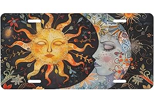 CEMFYZOCH Front License Plate for Car Designs Abstract Sun Moon Flower Stainless License Plate Cover Holder for Men Women Metal Aluminum Decorative Accessory Vanity Tag Standard 6 X 12 Inch (4 Holes)