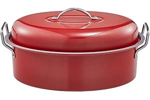 BRONYPRO Large Turkey Roasting Pan with Lid & Rack, 18-Inch Durable Granite Non-Stick Roaster, 20 lb Capacity for Roasting Turkey, Chicken, or Vegetables, Red