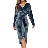 NiPaMi Women's V Neck Long Sleeve Ruched Dress Sexy Velvet Cocktail Party Evening Club Midi Dresses