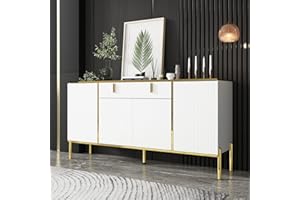 FAMAPY Modern Credenza Sideboard Buffet with Drawer & Pop-Up Doors, Buffet Sideboard Storage Cabinet with Gold Metal Legs, for Living Room Hallway White and Gold (63”W x 15.7”D x 31.5”H)
