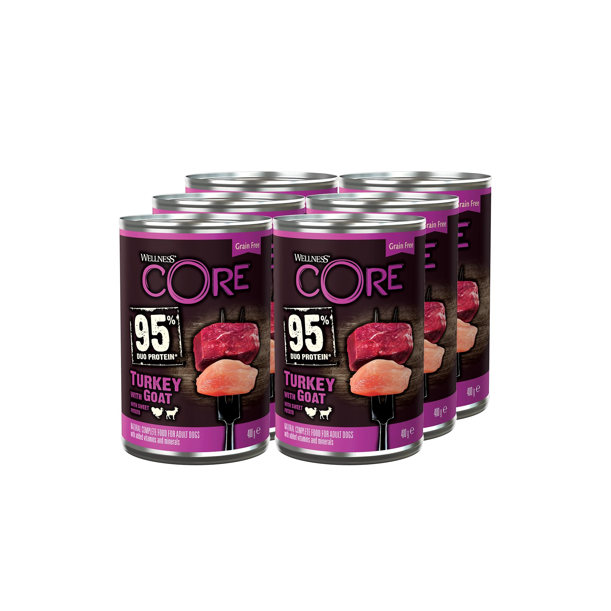 Wellness CORE 95% 6 x 400g, Turkey & Goat – Wet Dog Food, Chunky Paté for Adult Dogs, Grain-Free, Natural, Hypoallergenic, Protein-Rich, High Meat Content