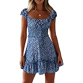 YOBECHO Womens Summer Sexy Sweetheart Collar Printed Ruffle Mini Dress