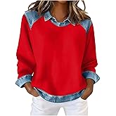 Women's Faux Two Piece Denim Patchwork Pullover Shirt Casual Long Sleeve Faux Layered Sweater Top with Button Up Collar