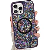 Jefonha Magnetic for iPhone 16 Pro Max Case, Luxury Colorful Abalone Shell Phone Case for Women Men, Compatible with MagSafe, Cute Sparkle Glossy Shockproof Protective Cover, Elegant Purple