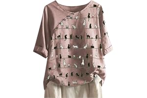 JEGULV Women Cotton Linen Tshirt Tops Casual Loose Fit Trendy Floral Printed Tunic Tees Short Sleeve Plus Size Button Blouses