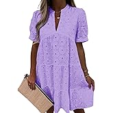 Imily Bela Womens Summer Lace Dresses Eyelet Casual Flowy Babydoll Swing Short Sleeve V Neck Tunic Dress