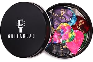Guitar Lab Guitar Pick Gift Tin - 18pcs Guitar Picks for Acoustic Guitar - Celluloid plectrums Guitar Pick for Electric, Acoustic, Bass & Ukulele - Thin, Medium & Heavy Design, Beginners to Performers