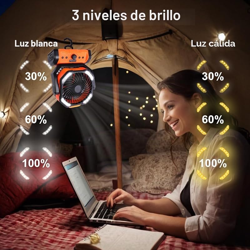 Camping Ventilador 20000mAh, Portátil Recargable para Escritorio Tienda de Campaña con Control Remoto y Gancho, Luz LED, Ventilador USB de Velocidad Continua, Hogar Exterior Viajes Pesca