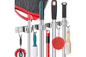 Piyl Broom Holder Wall Mount Garden Tool Organizer,Mop Hanger Wall Mounted Garage Storage,Kitchen,Laundry Utility Rack With 4 Racks and 5 Hooks - Metal Wall Holder For Broom, Rake,Mop Handles