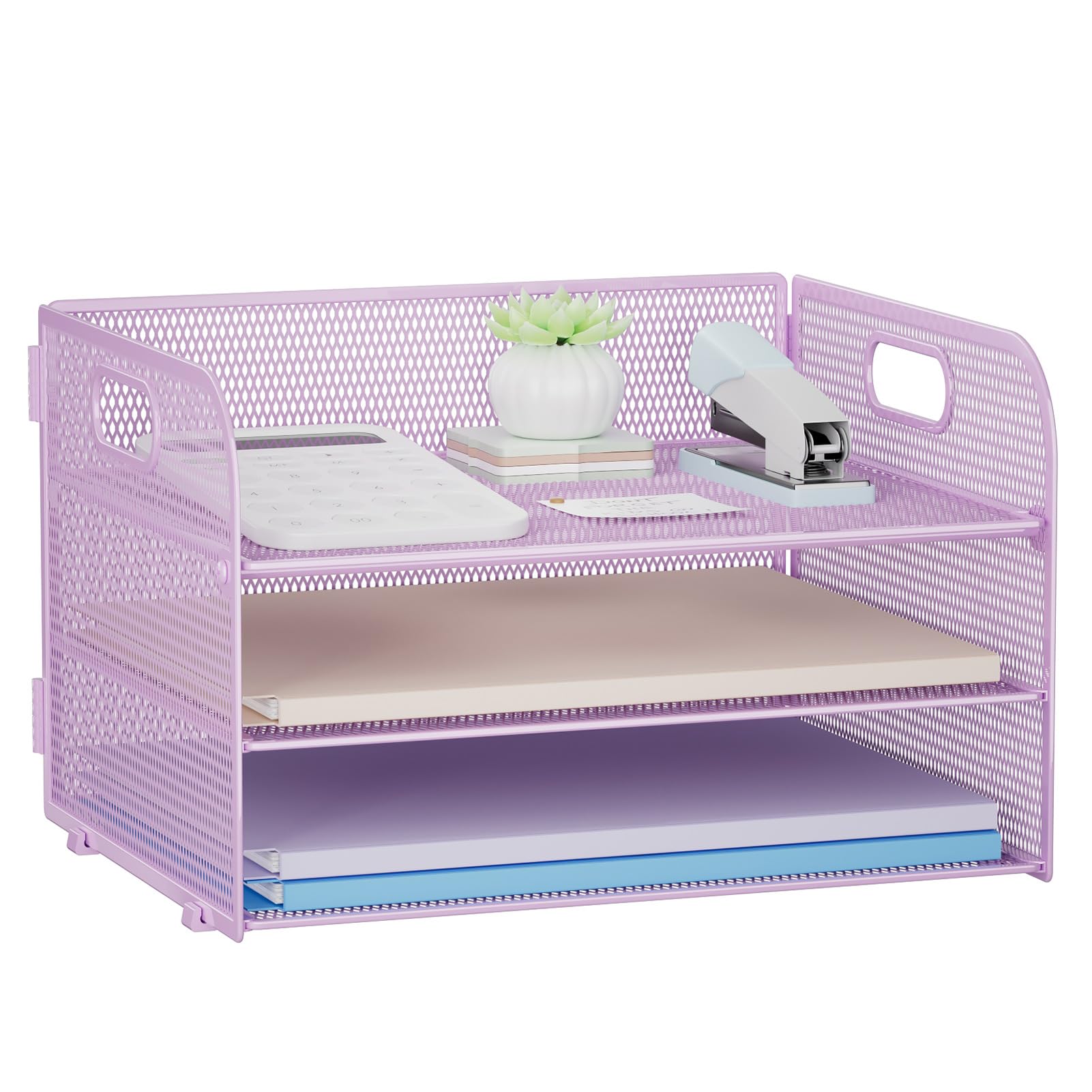 Restorgan 3 Tier Paper Organiser with Handle, Mesh Desk Organiser Letter Tray, Paper Tray Organizer File Organiser for A4 File Folder, Purple