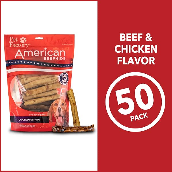 PET FACTORY AMERICAN BEEFHIDE 5″ CHIP ROLLS DOG CHEW TREATS – BEEF & CHICKEN FLAVOR, 50 COUNT/1 PACK