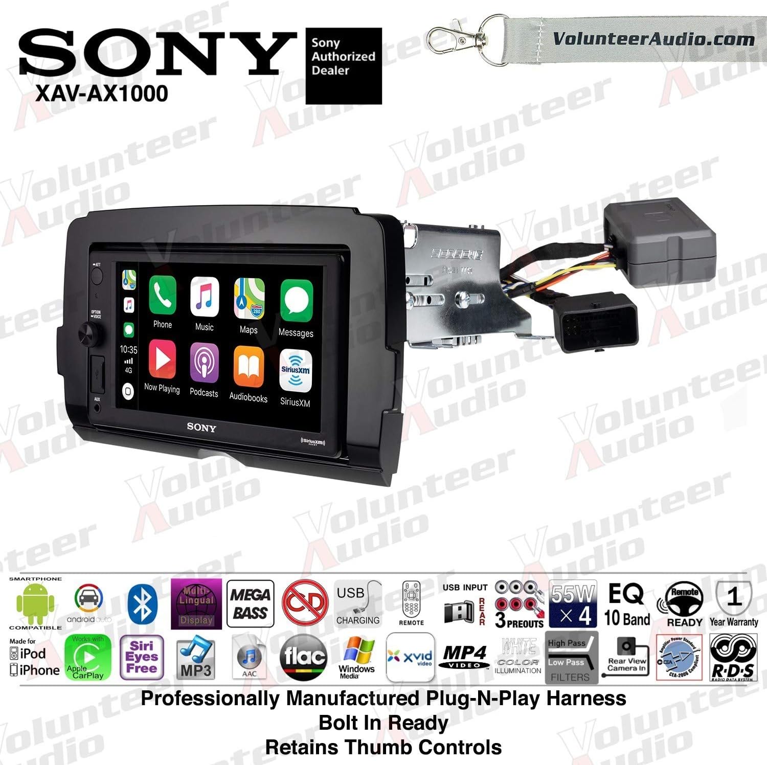 Sony XAV-AX1000 Double Din Radio Install Kit With Apple CarPlay, Sirius XM, Bluetooth For 2014-2017 Harley Davidson Motorcycles, May Not Work With CVO Models