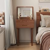 Muwuele Solid Wood Small Vanity Desk with Mirror and Lights, 19.6", Walnut | Flip Top Mirror, 2 Drawers, Touch Control, 3 Color Modes, Adjustable Brightness, Easy Assembly, For Bedroom &amp; Small Spaces