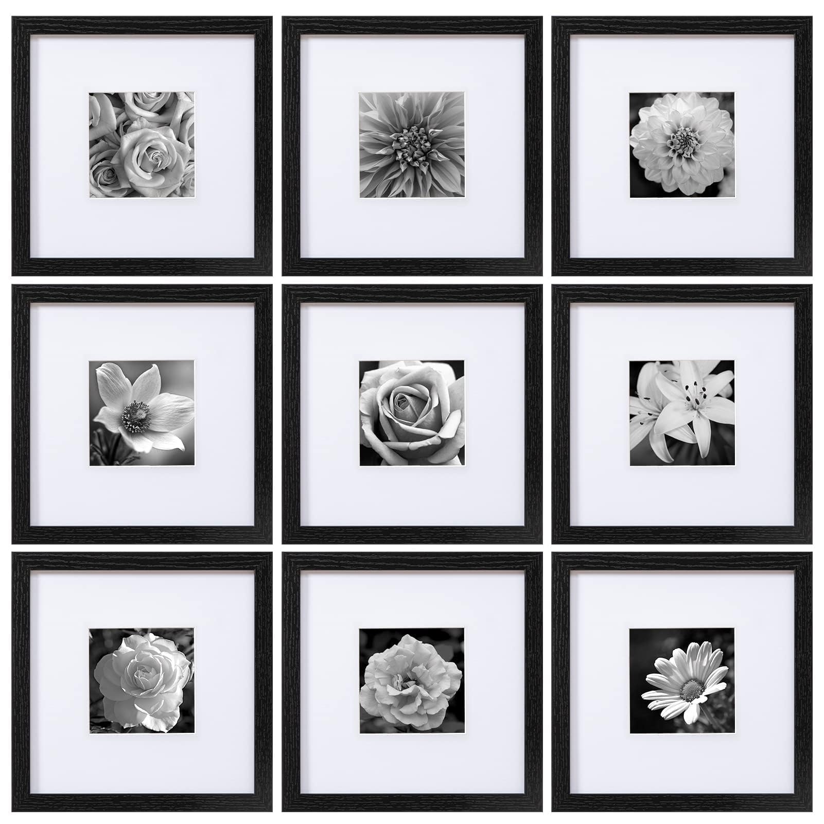 Photo 1 of eletecpro 10x10 Picture Frames Set of 9 with Mat for 5x5 Photos or without Mat for 10x10, Square Gallery Wall Decor Collage for Picture Display, Black Frame Set for Wall Hanging