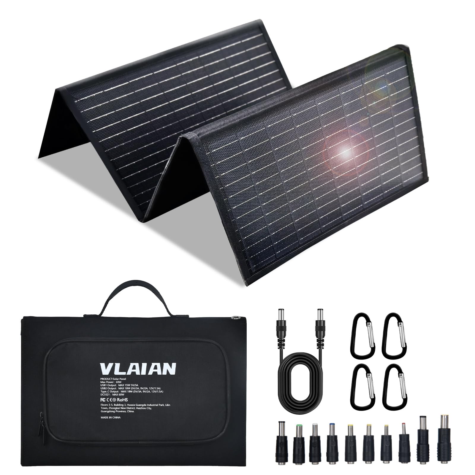 Photo 1 of 60W Portable Solar Panel,60 Watt Foldable Solar Panels Chargers with QC3.0 USB-A USB-C DC5521,IP67 Waterproof Power Emergency for Small Power Station Camping Hiking Outdoor Activities