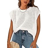 BCWCM Womens Crochet Cap Sleeve Sweater Summer Crew Neck Casual Hollow Out Knit Tops Pullover Trendy Beach Cover Ups Outfits